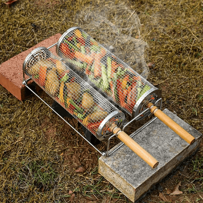 Stainless Steel BBQ Grill Basket with Wood Handle – Non-Stick Rolling Grilling Cage for Vegetables & Meat – Outdoor Camping & BBQ Accessories