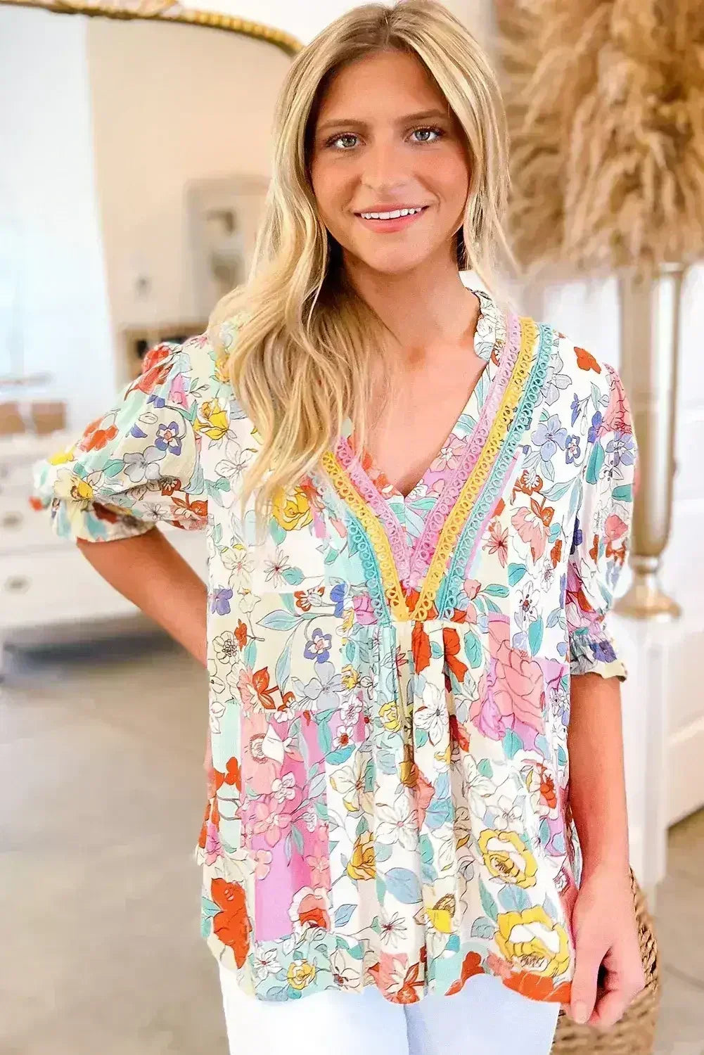 Pink Boho Flower Print Frill Neck Puff Sleeve Blouse | Femstylo