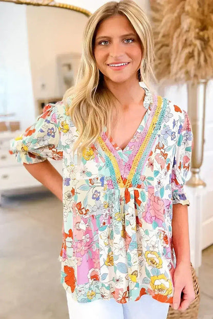 Pink Boho Flower Print Frill Neck Puff Sleeve Blouse | Femstylo