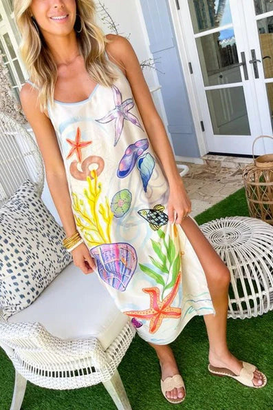 Eurochic Satin Beach Dress with Sea Life Print – Coastal Vacation Vibes