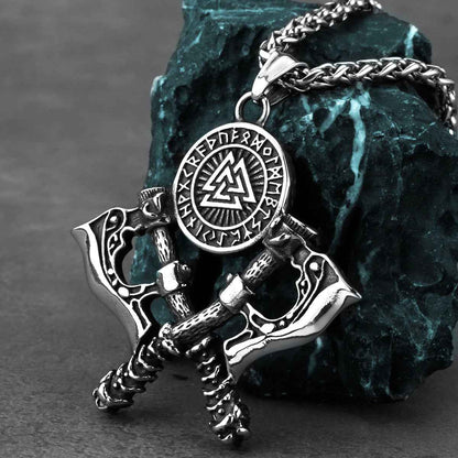 Men's Stainless Steel Axe Pendant Necklace - Double Axe Design