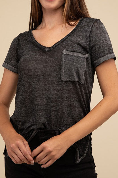 ZENANA Washed Melange Burnout Scoop V-Neck Top