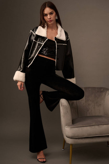 Solid High Waist Fitted Flared Corduroy Pants: BLACK