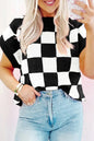 Light French Beige Checkered Knit Dolman Short Sleeve Sweater