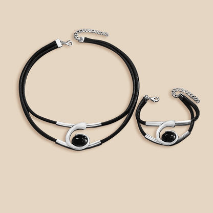 Modern Elegance Black and Silver Leather Choker and Bracelet Combo