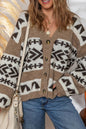 Dark Khaki Ethnic Geometric Pattern Button Front V Neck Cardigan