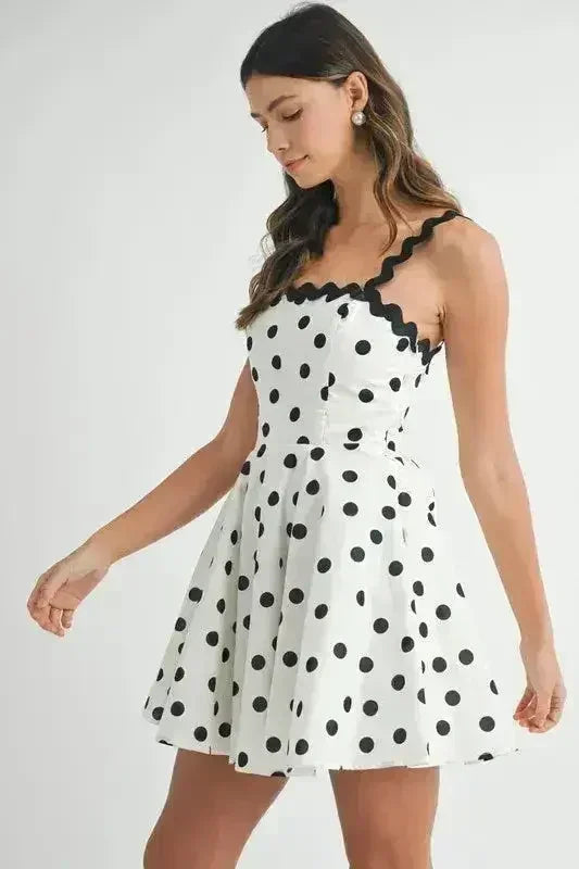 Polka Dot Mini Dress – Ricrac Trim Strap & Smocked Back