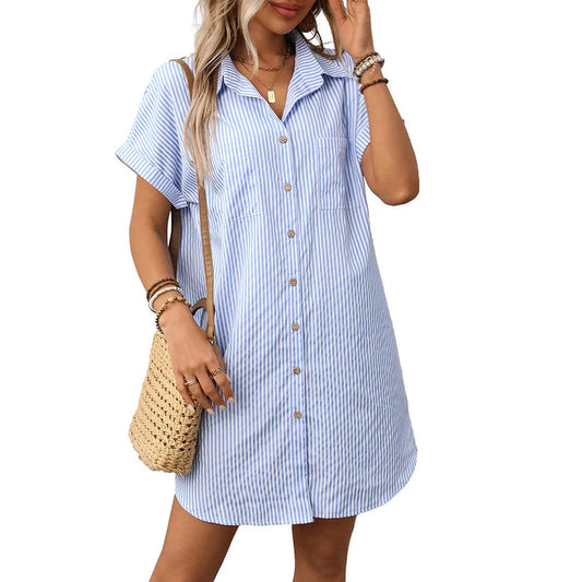 Striped Cotton Linen Shirt Dress