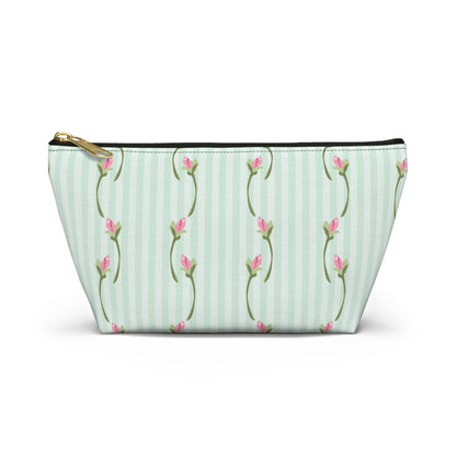 Customizable: Floral Print Accessory Pouch | Cute Makeup Bag, Travel Organizer, Gift for Her, Floral Clutch, Green Striped Bag