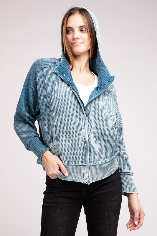 ZENANA Acid Wash Cotton Waffle Hooded Zip-Up Jacket