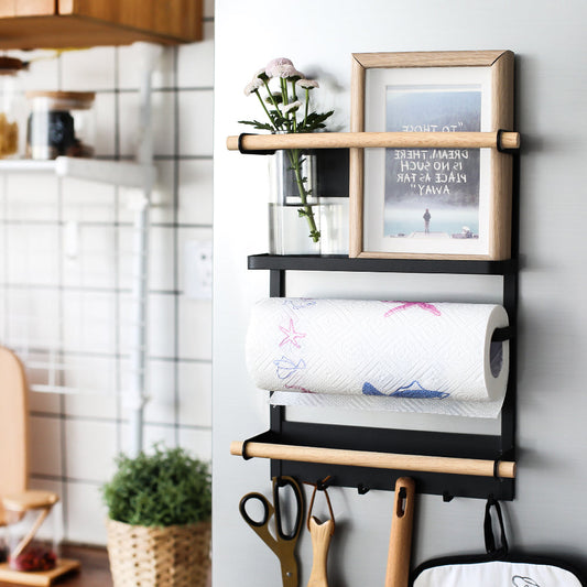 Wall-mounted kitchen organizer with shelves and hooks in a kitchen setting