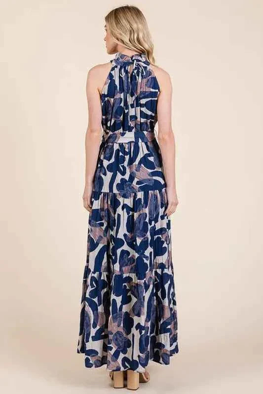 Lime and Chili Maxi Dress - Abstract Halter Neck Tie-Waist Tiered Design