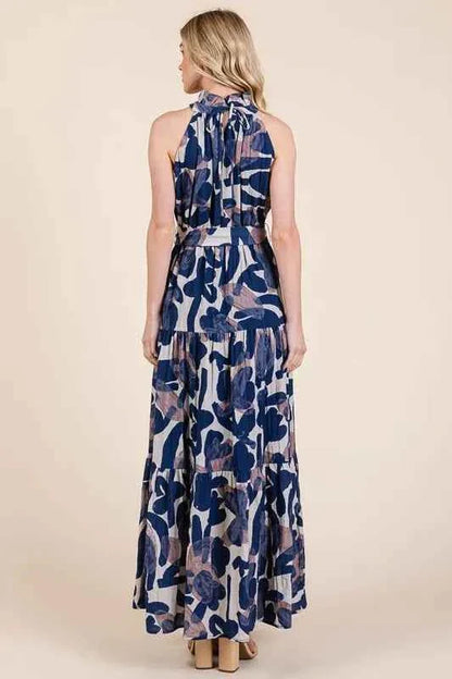 Lime and Chili Maxi Dress - Abstract Halter Neck Tie-Waist Tiered Design