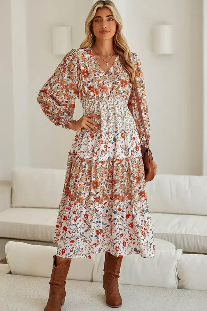 Khaki Floral Print Ruffled Tiered Long Sleeve V Neck Midi Dress