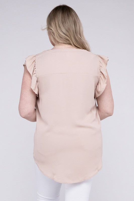 ZENANA Plus Woven Wool Peach Ruffled Sleeve High-Low Top