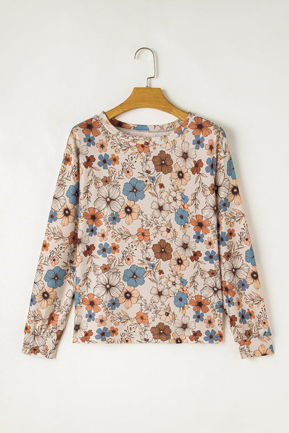 Khaki Floral Print Women's Top - Allover Floral Crew Neck Long Sleeve