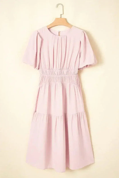 Light Blue Puff Sleeve High Waist Flowy Midi Dress