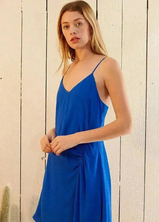 Solid Asymmetrical Hem V-neck Dress in Blue