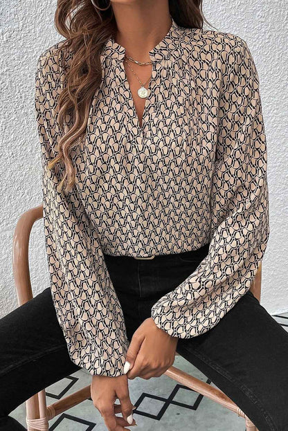 Green Geometric Print Blouse with Notched Neck and Long Sleeves