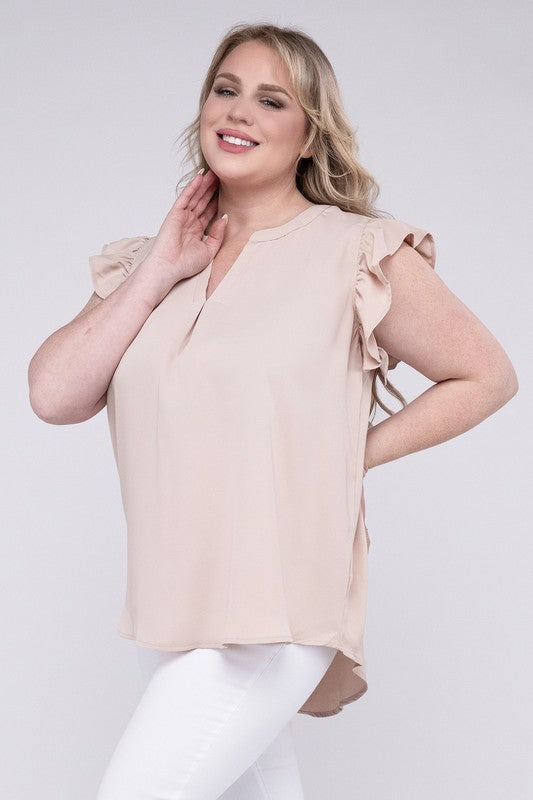 ZENANA Plus Woven Wool Peach Ruffled Sleeve High-Low Top