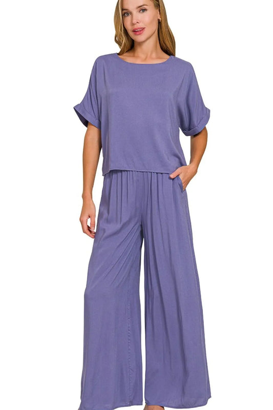 Zenana Round Neck T-Shirt and Wide Leg Pants Set - Marlin