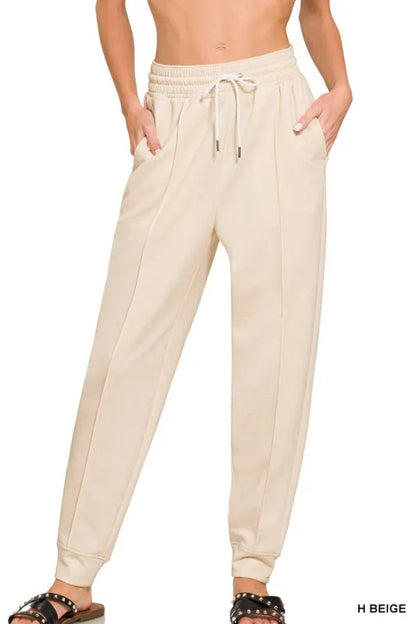 Zenana Drawstring Scuba Sweatpants with Pockets in Beige
