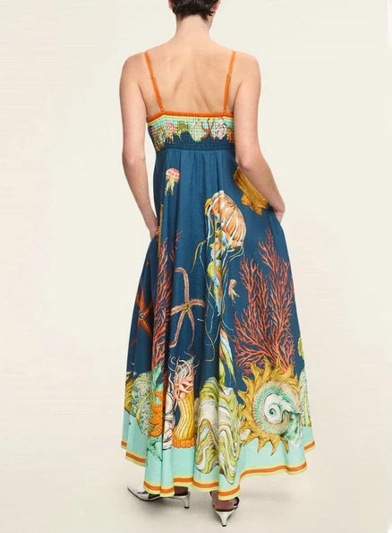 Boho Linen Maxi Dress – Ocean-Inspired Summer Style with Sea Life Print