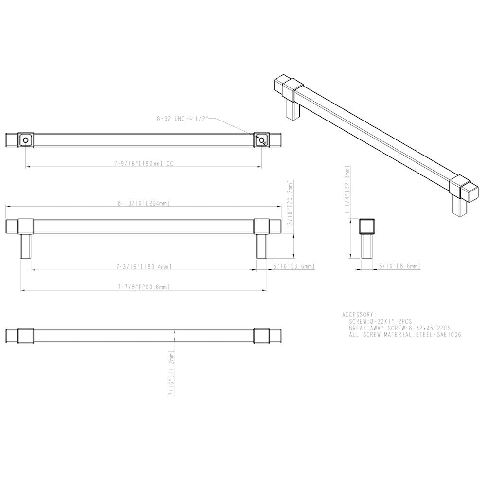96 mm Center-to-Center Satin Nickel Square Zane Cabinet Pull