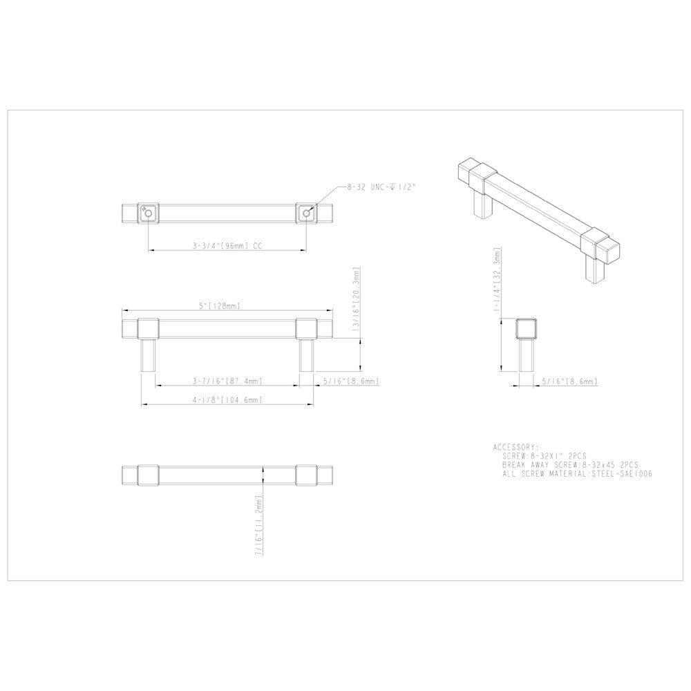 96 mm Center-to-Center Satin Nickel Square Zane Cabinet Pull