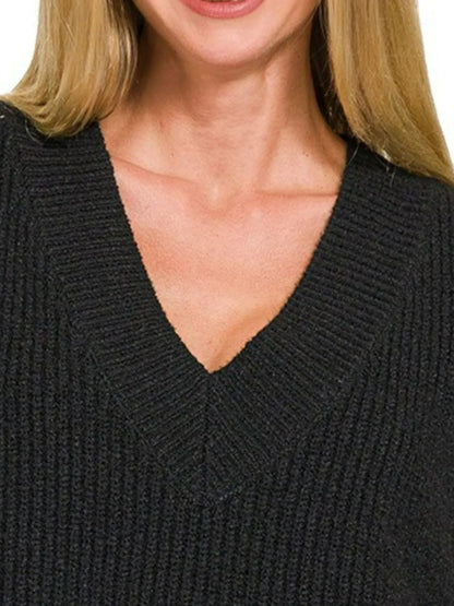 Zenana Oversized Sweater Vest with Side Slit in Black
