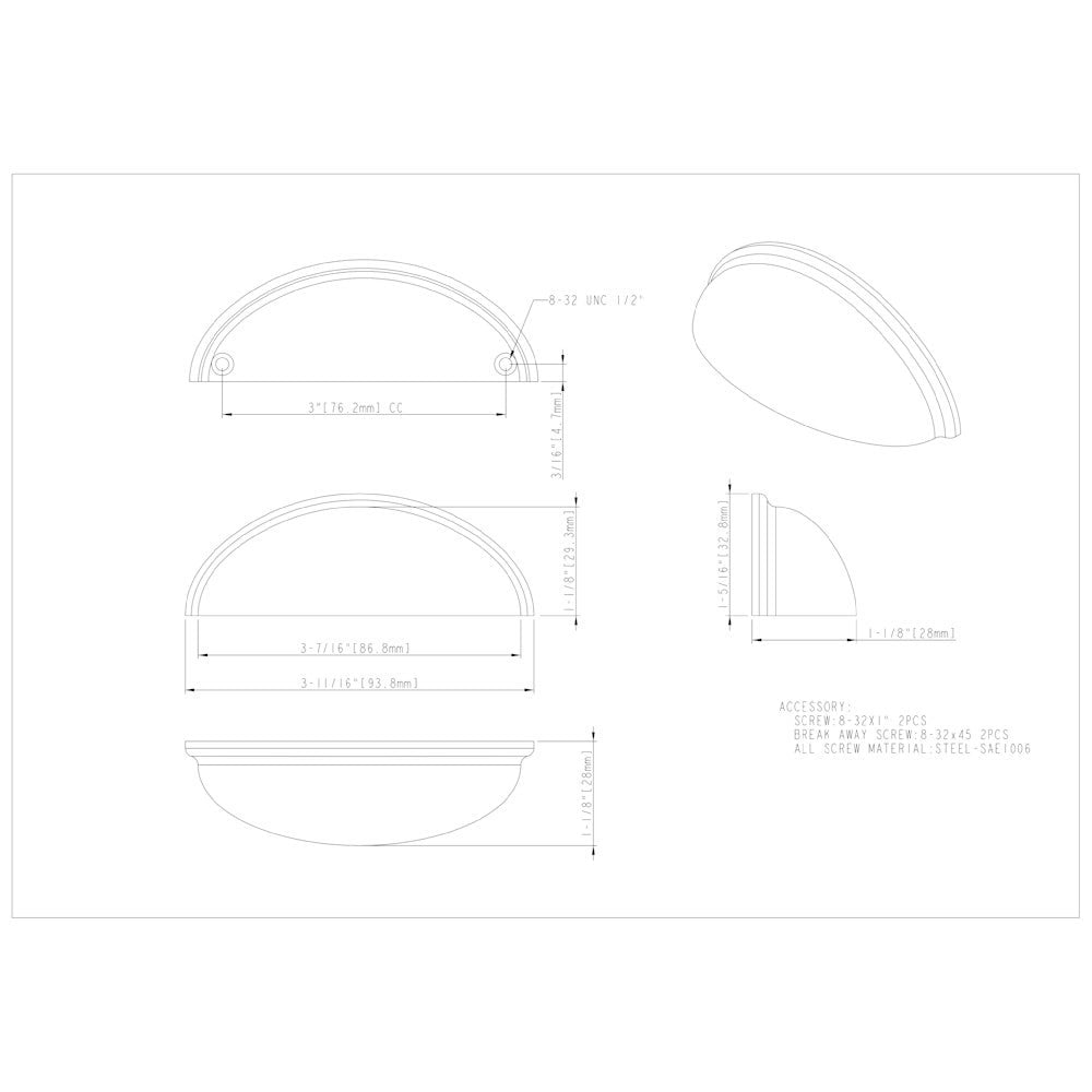 3" Center-to-Center Satin Nickel Florence Cabinet Cup Pull