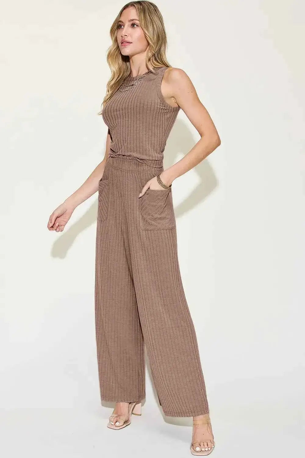 Ribbed Tank and Pants Set with Wide Leg Style