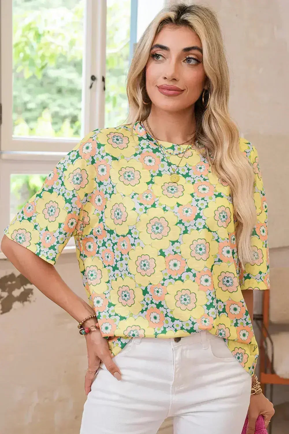 Yellow Summer Flower Print Drop Shoulder Loose T Shirt