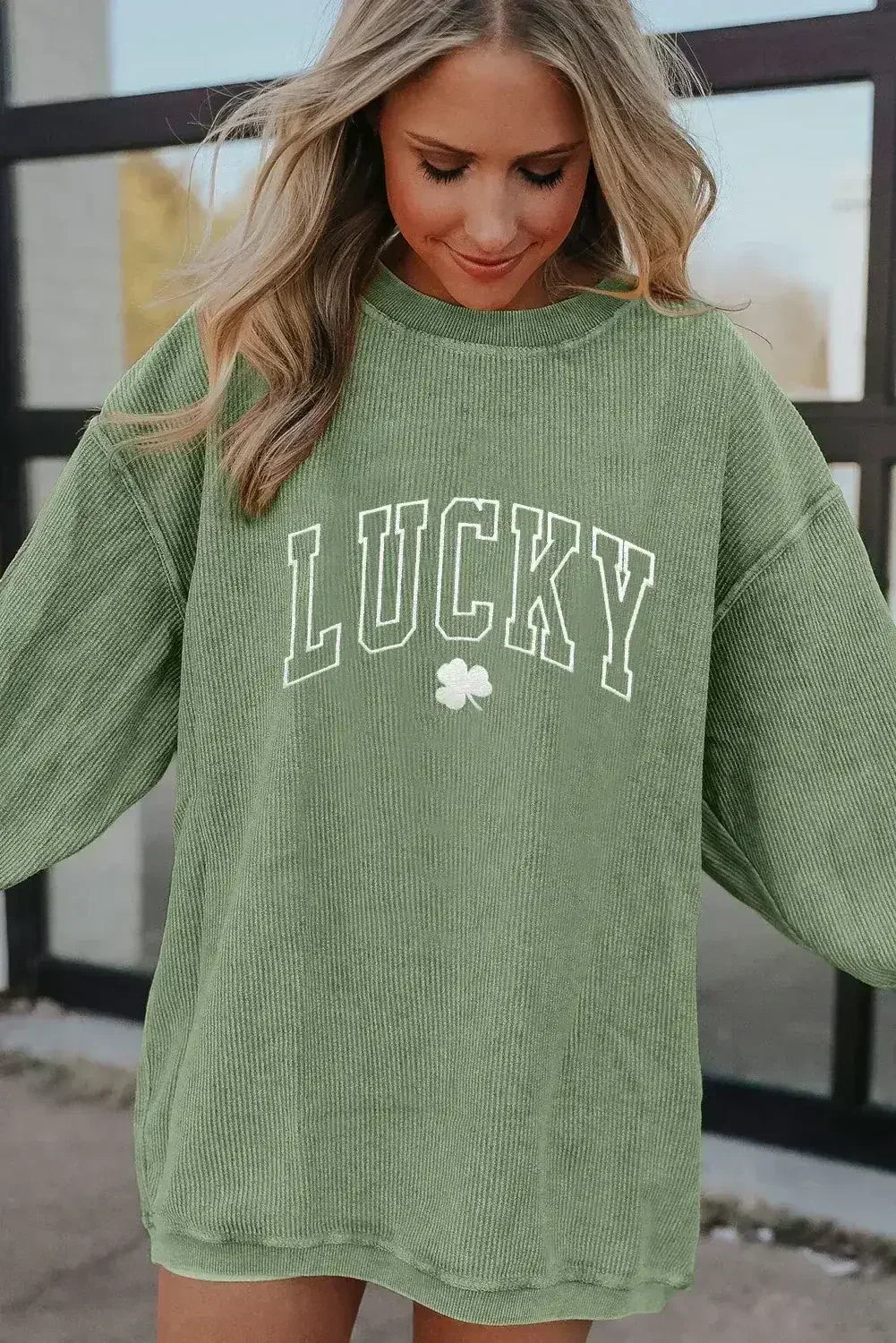 Grass Green LUCKY Clover Drop Shoulder Ribbed St Patrick Sweatshirt