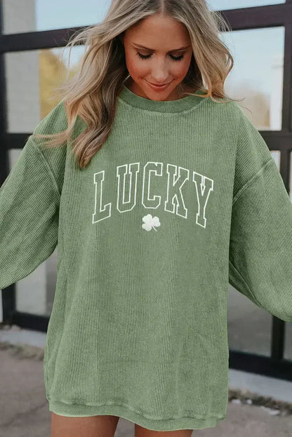 Grass Green LUCKY Clover Drop Shoulder Ribbed St Patrick Sweatshirt