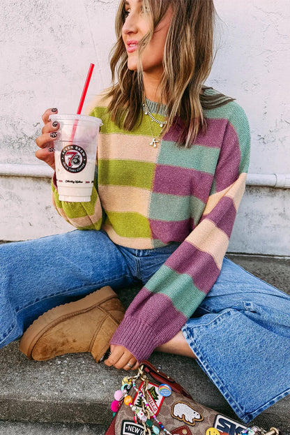 Green Stripe Colorblock Drop Shoulder Ribbed Edge Sweater