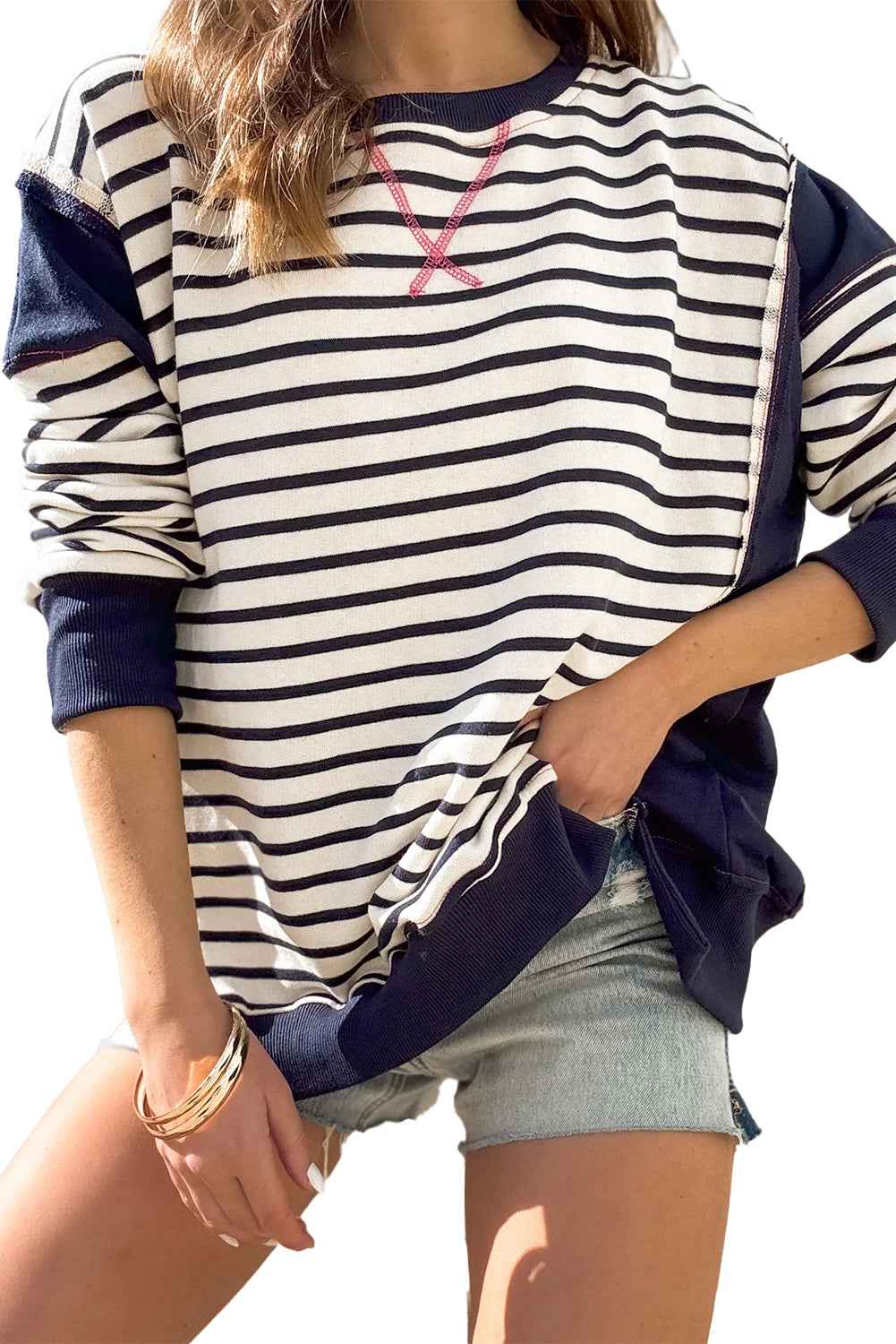 White Stripe Patchwork Exposed Seam Loose Fit Women's Sweatshirt