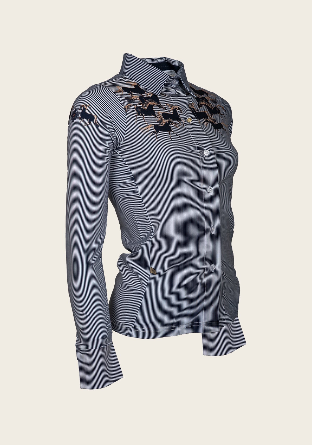 Running Horses Navy Ladies’ Button  Sun Shirt