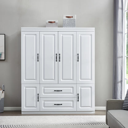 YG-15 74" H White Solid Wood Freestanding Wardrobe Closet for Clothes Storage. Bedroom Wardrobe Storage Cabinet featuring 2 Hanging Rod Shelves, 2 Drawers, and 5 Storage Compartments