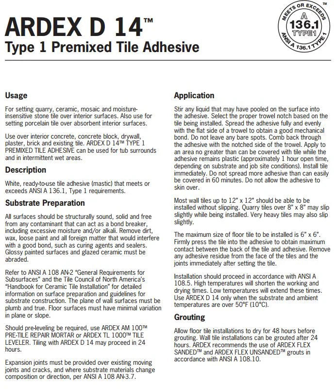 Ardex D 14 Mastic Type 1 Premixed Tile Adhesive