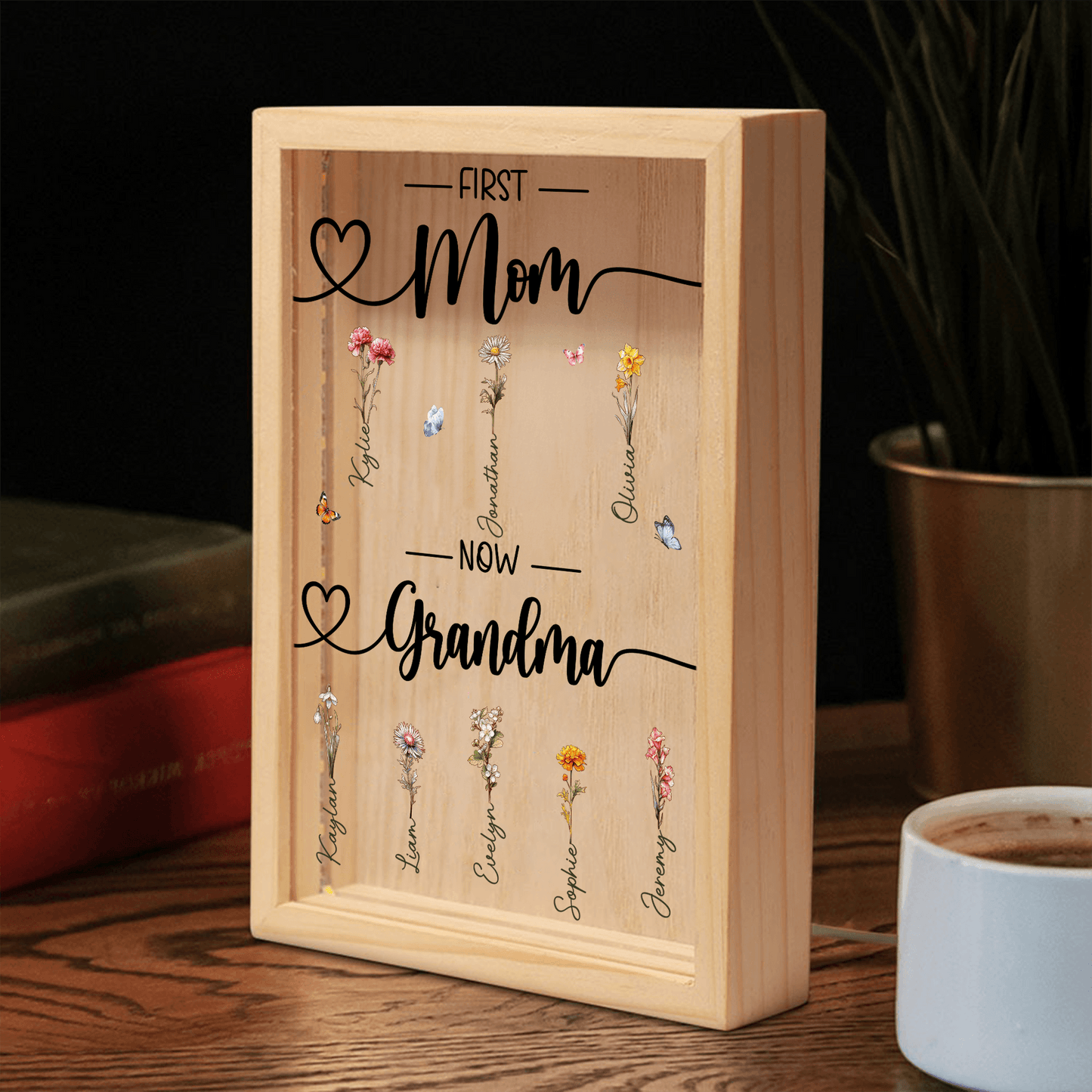 First Mom Now Grandma - Custom Birth Month Flower - Personalized Gift for Grandma - LED Night Lamp, Mother's Day, Birthday | Frame Light Box