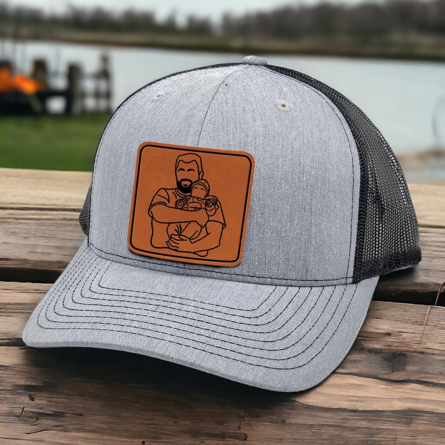 Custom Photo Outline Portrait - Personalized Leather Patch Hat - Father's Day Gift for Him, Husband, Daddy
