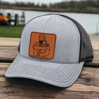 Custom Photo Outline Portrait - Personalized Leather Patch Hat - Father's Day Gift for Him, Husband, Daddy