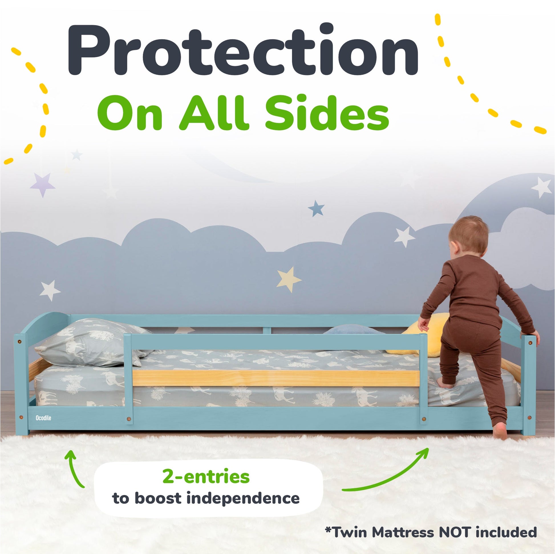 Child standing on a bed with a blue safety rail, text indicating 'Protection On All Sides' and '2-entries to boost independence'.