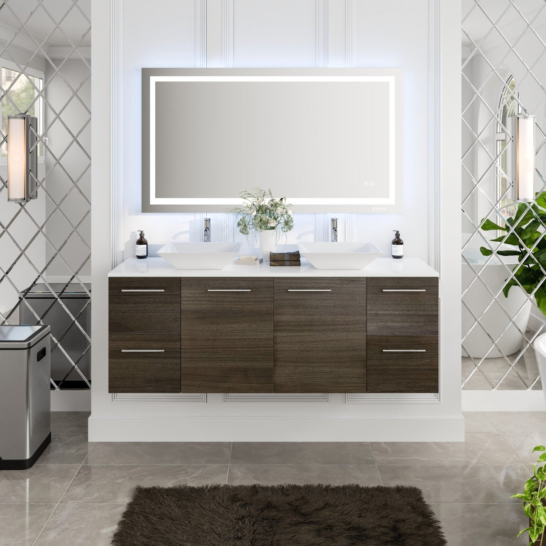 Eviva Luxurious Wall Mount Bath Vanity with White Quartz Top and Vessel Porcelain Sinks
