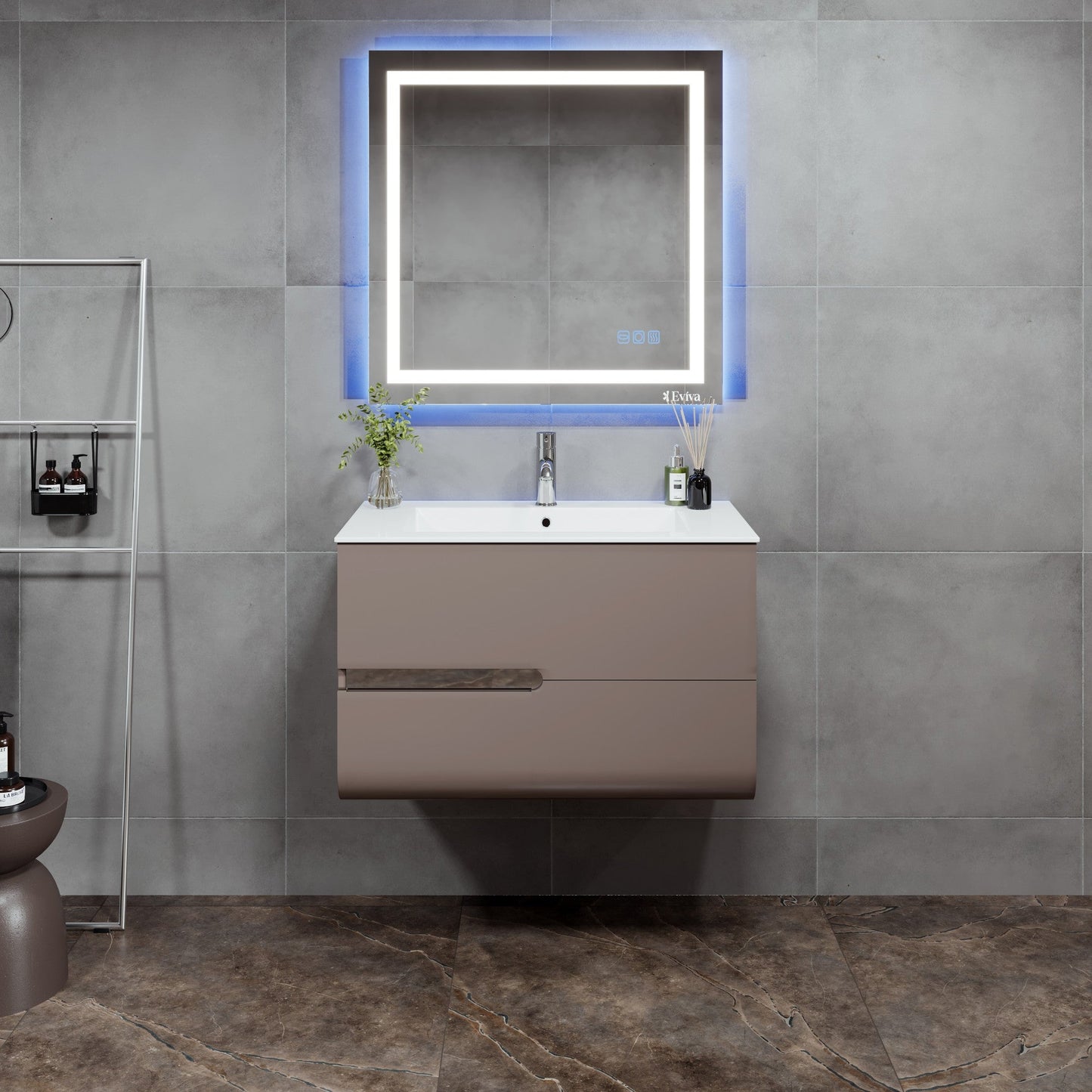 Eviva Ways Wall Mount Bath Vanity with Porcelain Top and Integrated Sink