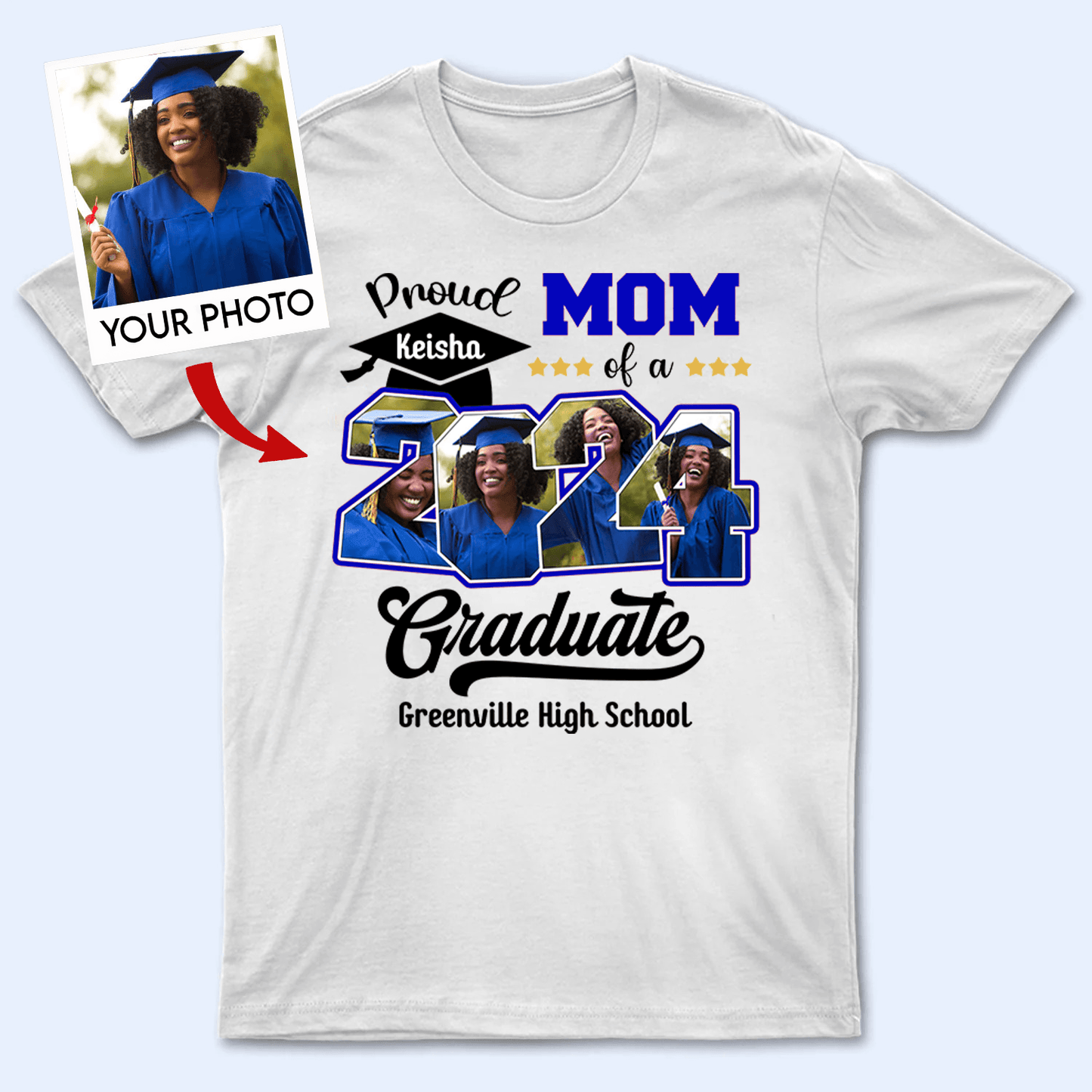 Custom Photo Proud Family Of A Class Of 2024 Graduate Senior - Personalized Custom Graduation T Shirt - Loving Gift for Grandma, Grandpa, Mom, Dad, Brother, Sister, Aunt, Uncle | Blue