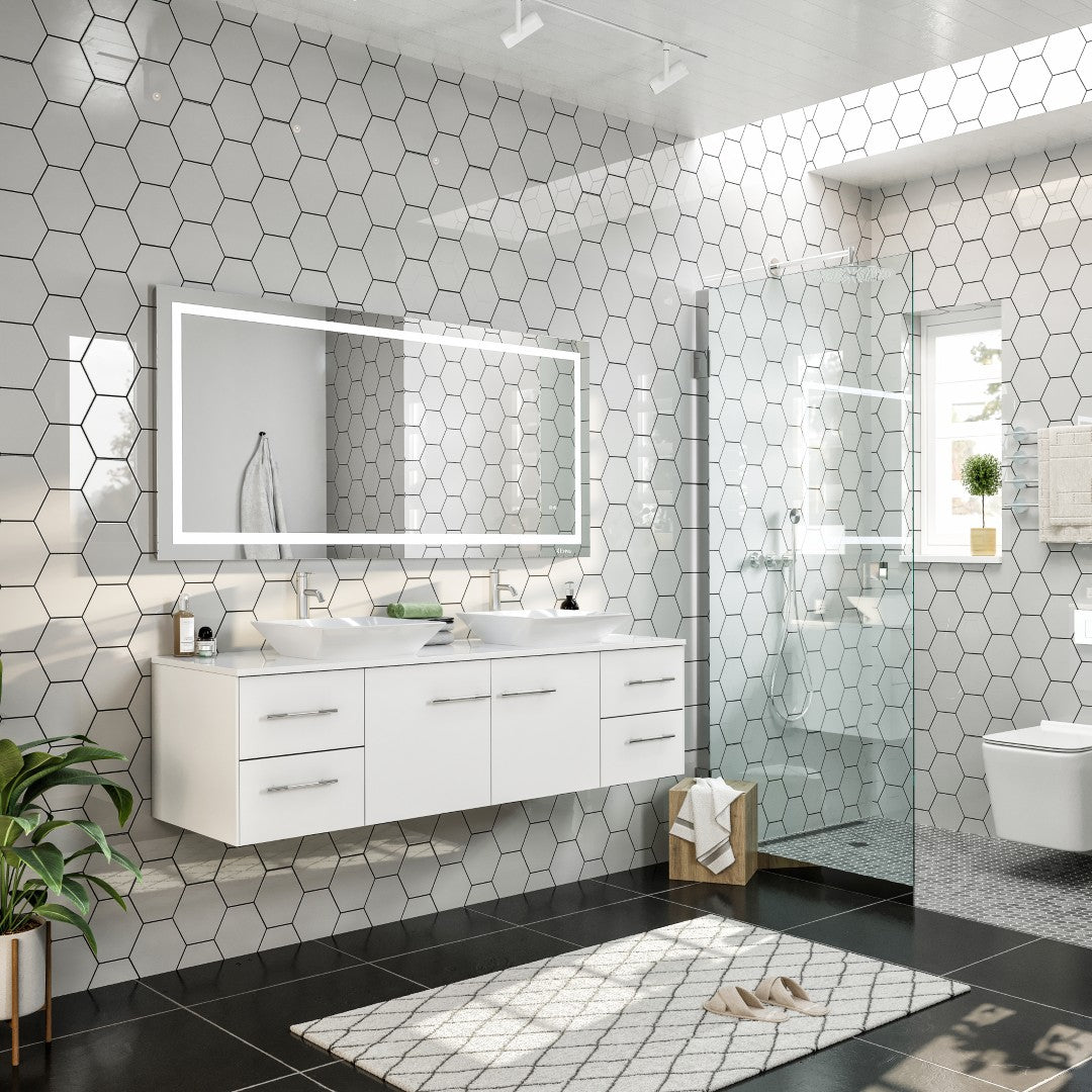 Eviva Wave Wall Mount Bath Vanity with White Quartz Top and Vessel Porcelain Sink (24"-72")
