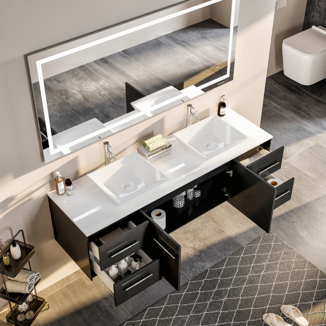 Eviva Wave Wall Mount Bath Vanity with White Quartz Top and Vessel Porcelain Sink (24"-72")