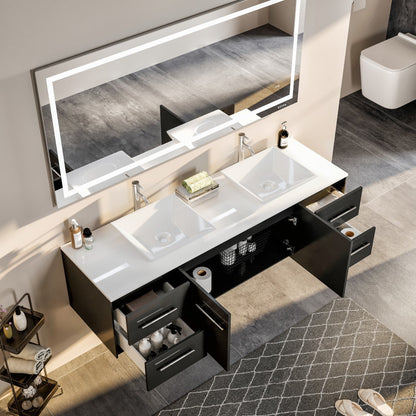 Eviva Wave Wall Mount Bath Vanity with White Quartz Top and Vessel Porcelain Sink (24"-72")